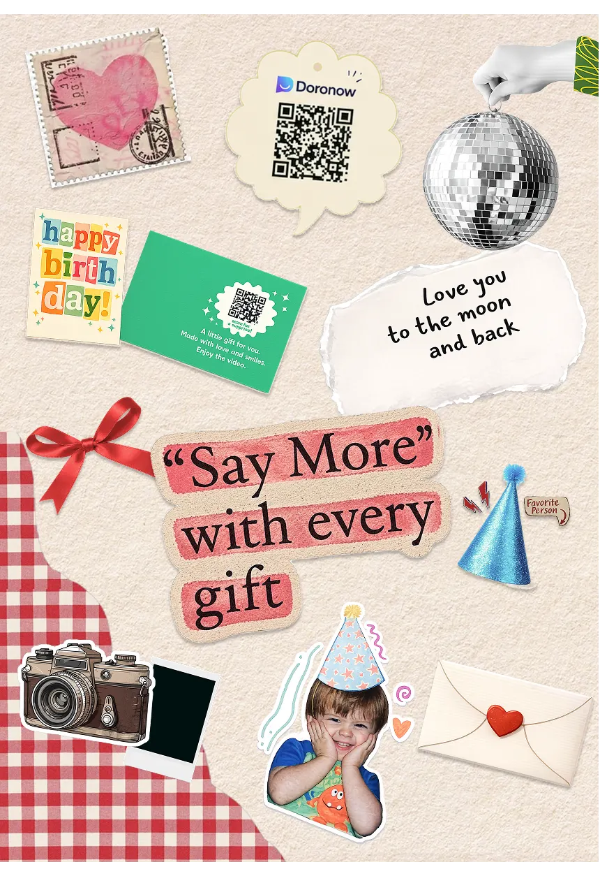 A scrapbook collage of celebration mementos: a happy birthday card, a Doronow QR code, party hats, a disco ball, photos, and the words "Say More" with every gift