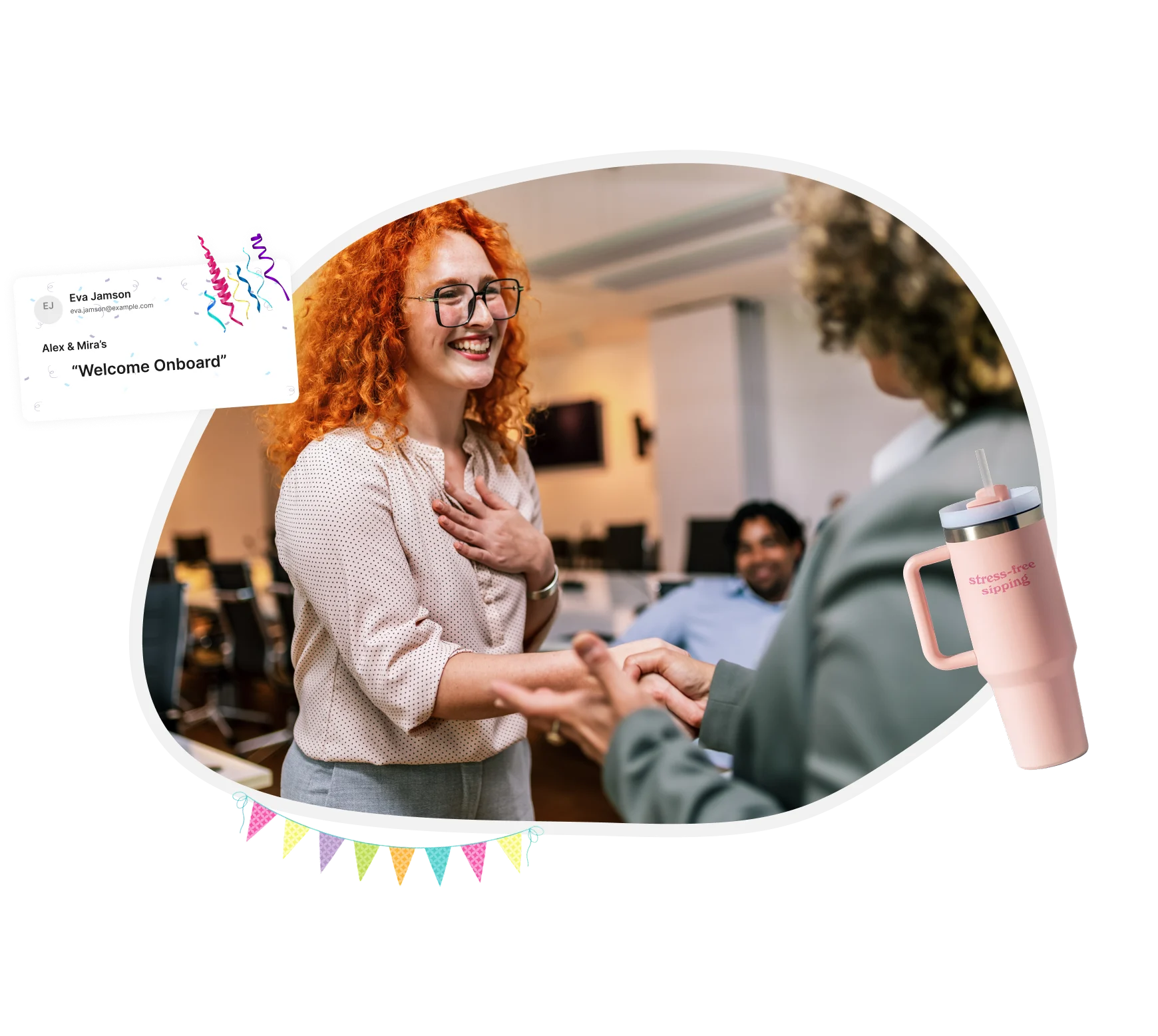 Team celebrating and welcoming a new employee with a gift 